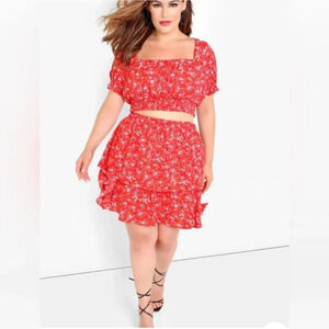 Ditsy Floral Crop Top and Mini Tiered Skirt Set Size M Red Coquette Colorful